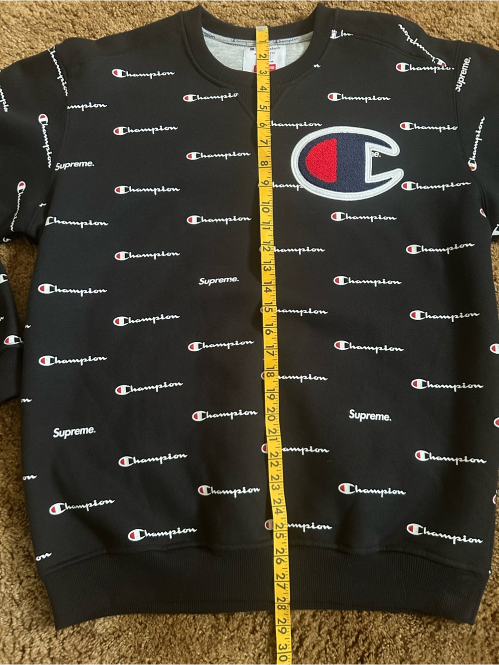 Supreme x Champion Black Crewneck Sweatshirt with Red & White Logos